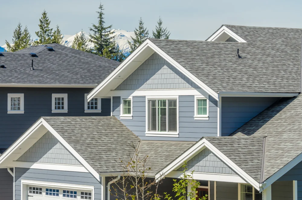Gray asphalt shingle roof on modern suburban home