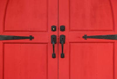 strap hinge on red doors