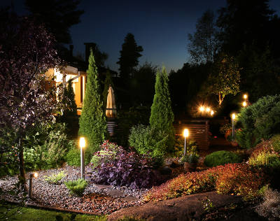 home garden with lights
