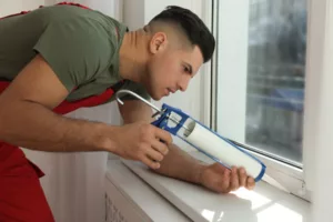 a man sealing a cracked window frame